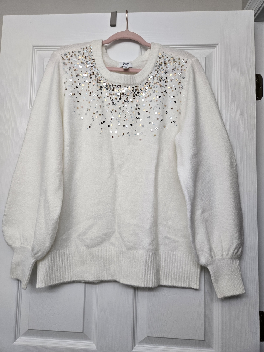 Crown & Ivy White Crewneck Sweater with Gold & Silver Sequin Accents